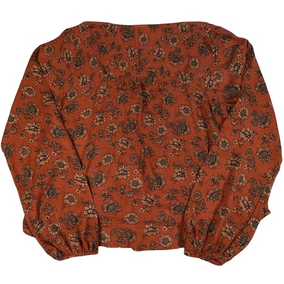 Mossimo size large rust/burnt orange floral Vneck long sleeve silky shirt - Picture 6 of 11